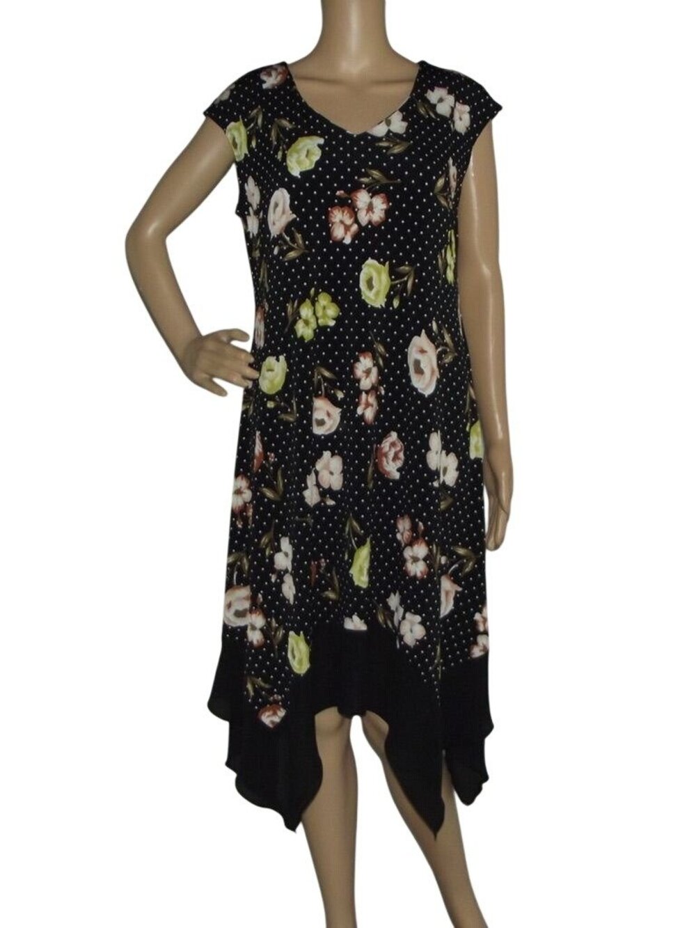 Luxology Dress Womens PL Long Maxi v-neck asymmetric hem black polkadot floral